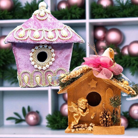 Victorian Birdhouse Ornaments Pink Velvet Pearl Bead Gold Trim Cherub Birds Rose - Picture 1 of 8
